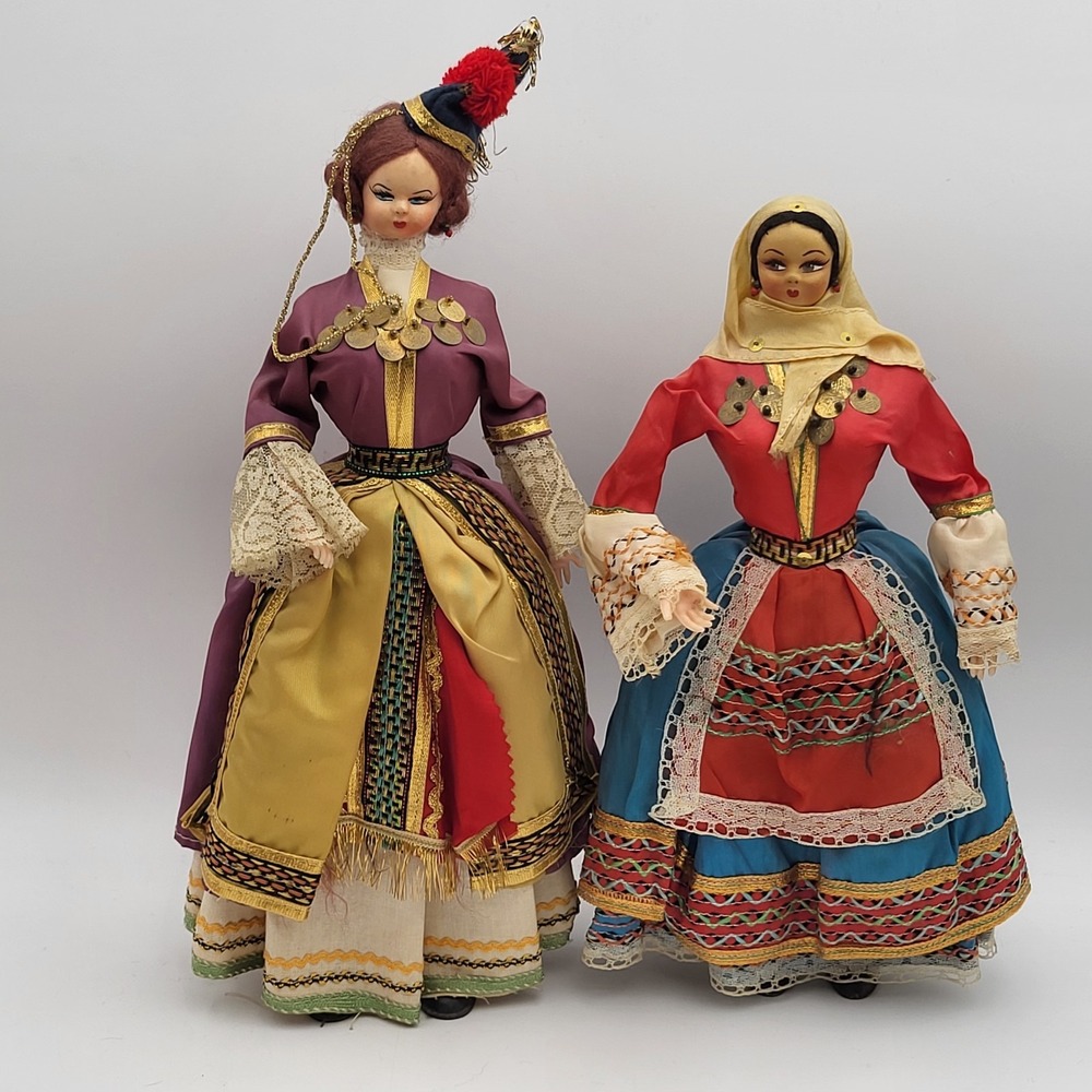 Greek Vintage Folk Art Doll 1950's Souvenir Traditional Cultural 14" & 12.3\4"
